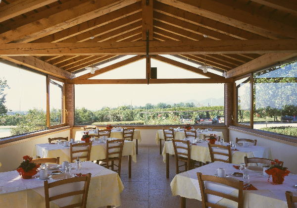 Eetzaal bij een agriturismo, met uitzicht op de wijnranken