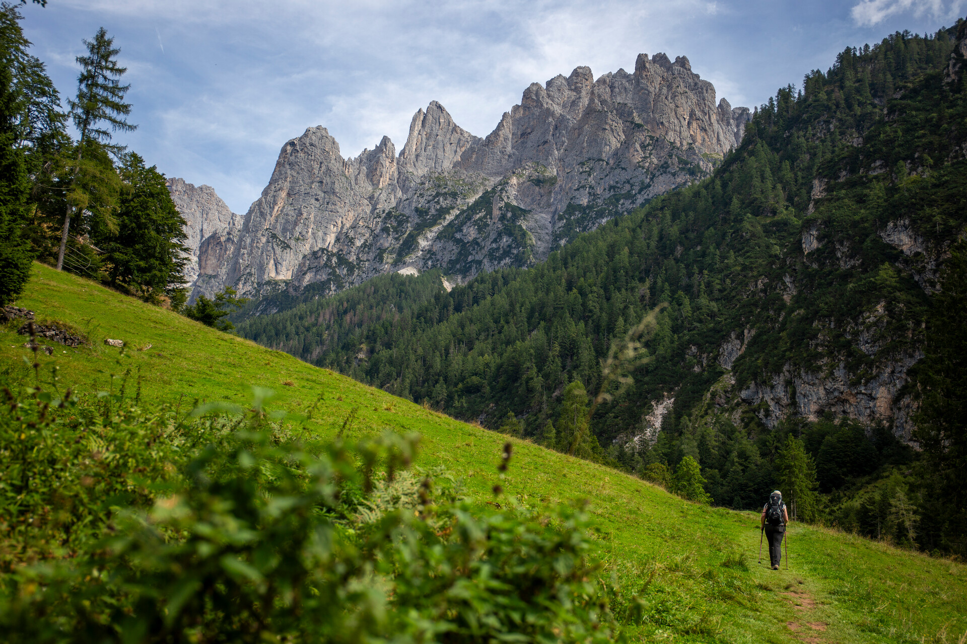 Bergpad in de Alpen met uitzicht op de groene bergen en hoge bergtoppen