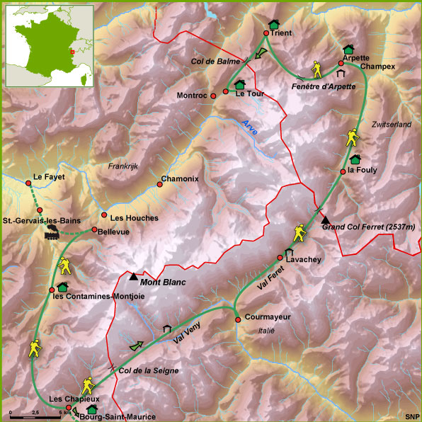 Routekaart Tour du Mont Blanc